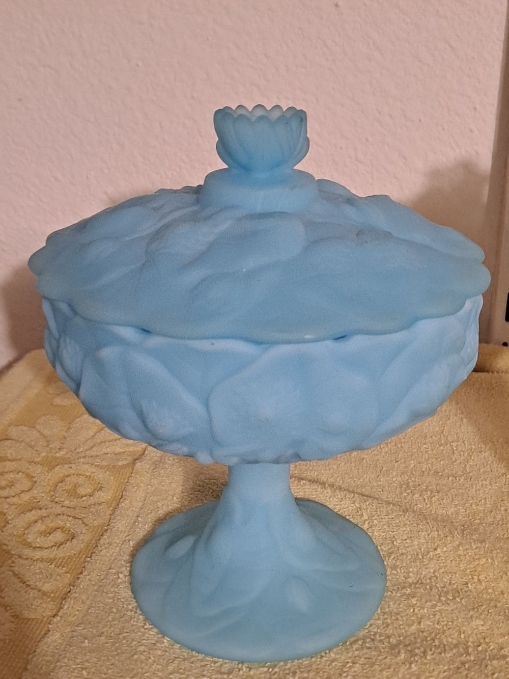 Blue Milk Glass Covered Compote Candy Dish